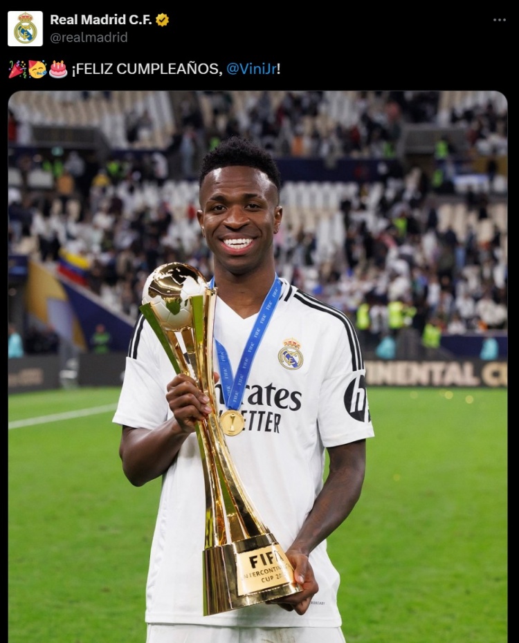 322场106球83助攻+14冠!皇马官方祝福维尼修斯25岁生日快乐